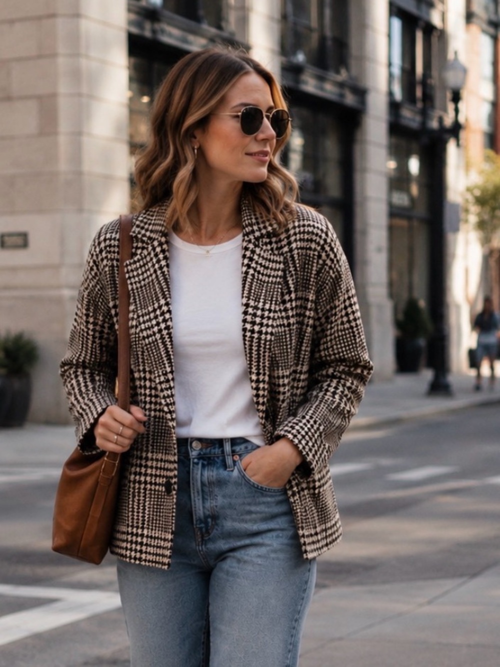 Zara Classic Brown Houndstooth Stretch Knit Blazer Jacket